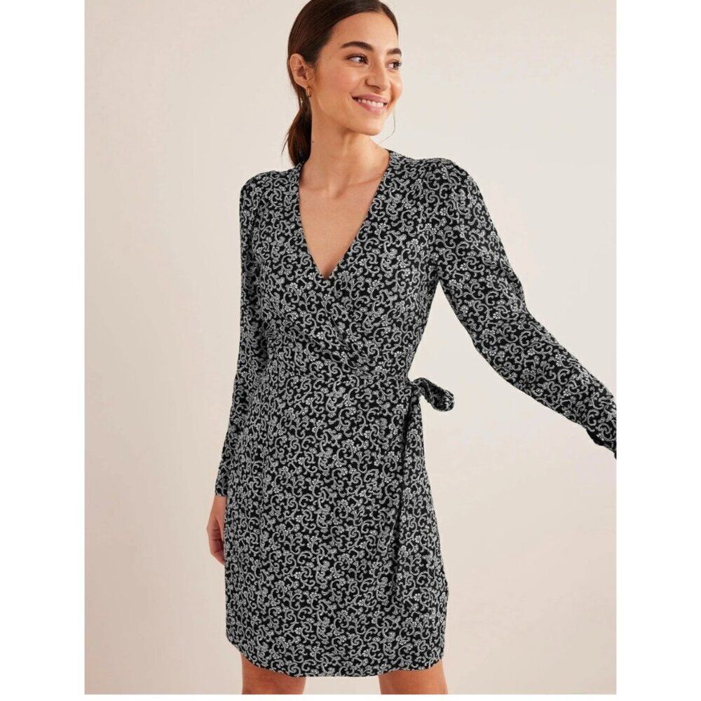 Boden Womens Wrap Dress UK 10R US 6R Black Paisley V-Neck Long Sleeve D0543 NWT